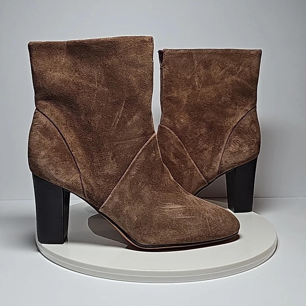 Franco Sarto Pia Suede Ankle Booties Brown 7.5 Side Zip Almond Toe Heeled Boots